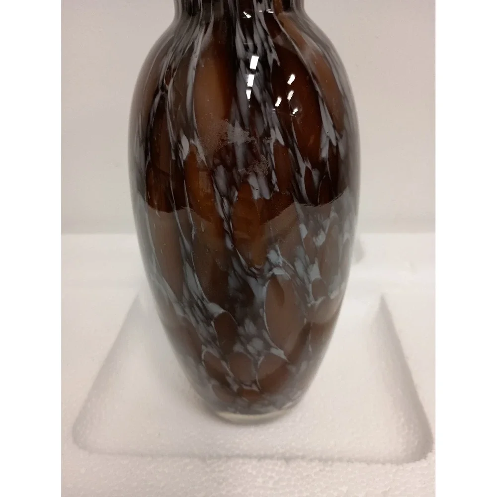 Vintage Art Glass Vase Hand Blown Tortoise Shell MCM Brown White Swirl 8.5